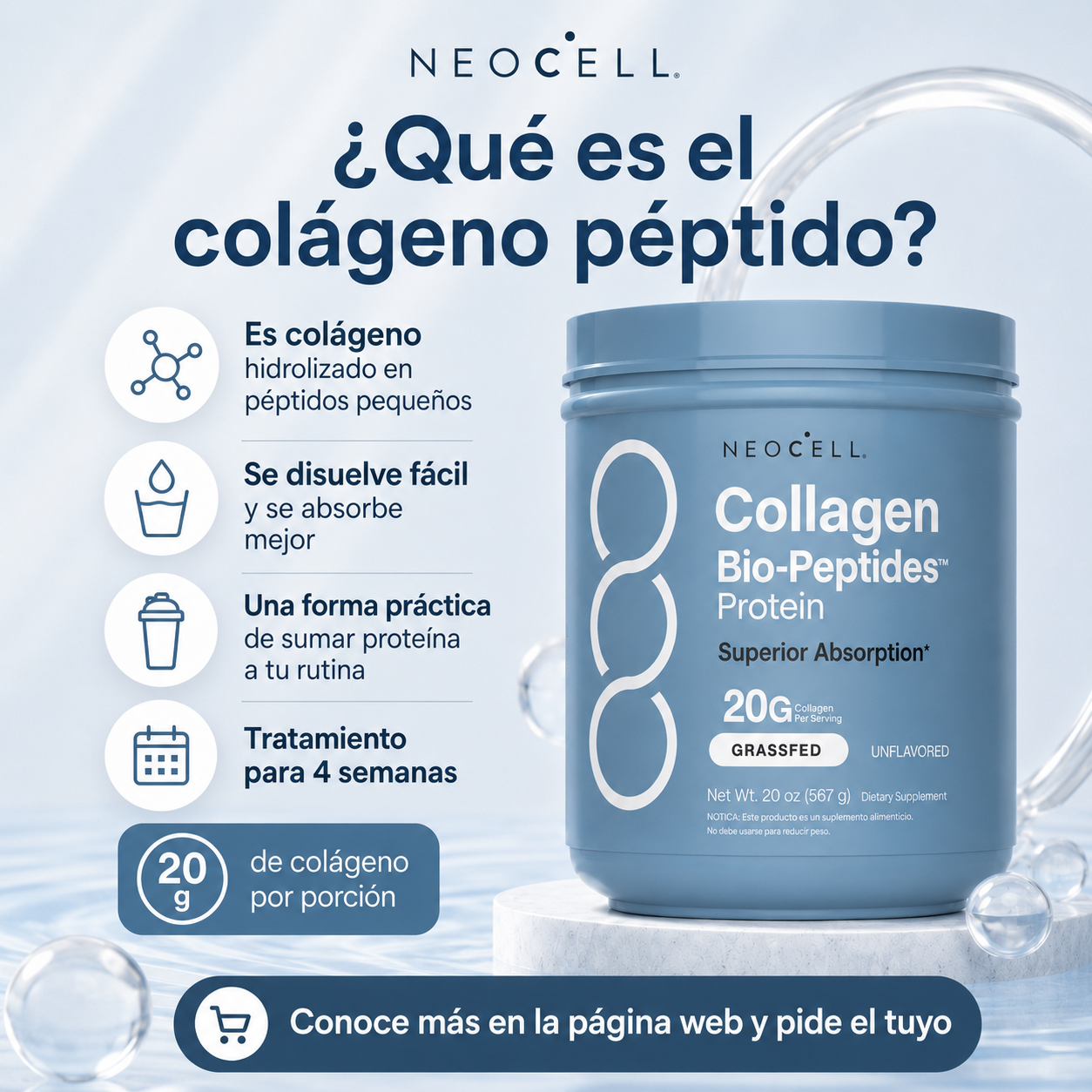 Colágeno Bio-Péptidos (hidrolizado) Grassfed de Absorción Superior 20 gr. + Proteína 18 gr. | Polvo sin sabor